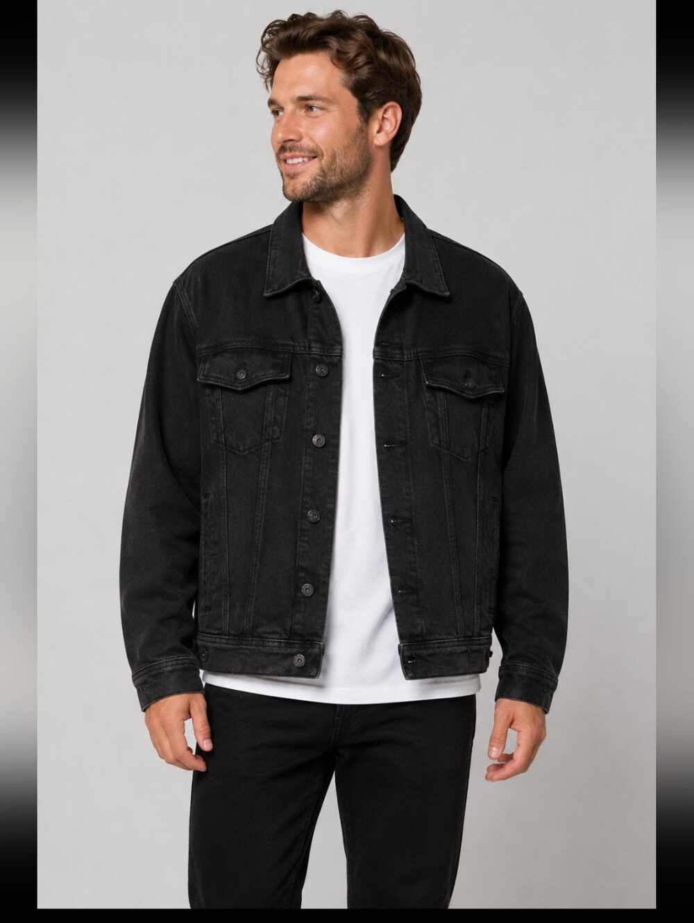 Mutual Weave Men’s Large Black Denim Trucker Jacket Button Front Pockets